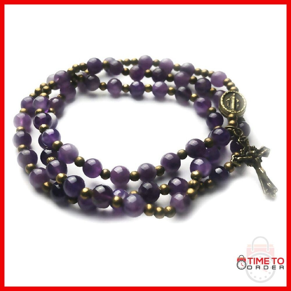Genuine Amethyst Stone Rosary Bracelet with Miraculous Medal Charm